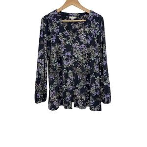 J.Jill Floral Print Long Sleeve Knit Top Petite‎ Size Small V Neck Preppy